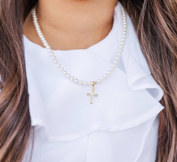 cherished moments girls 14k gold plated first communion kids cross necklace Pearl necklace with gold cross pendant.