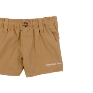 Tan khaki shorts with elastic waist and button.
