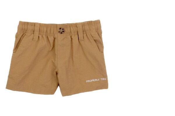 Tan khaki shorts with elastic waist and button.