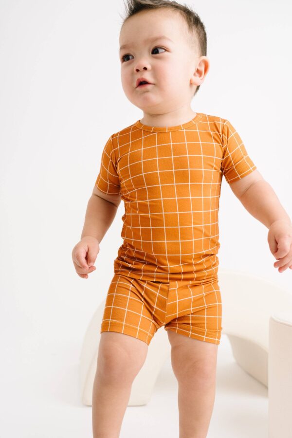 little one shop rust checks bamboo shorts set Toddler in orange grid-patterned outfit