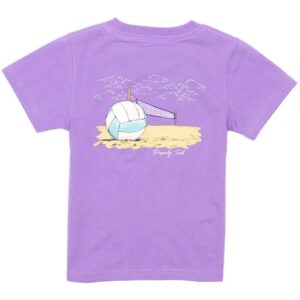 Purple t-shirt with beach volleyball design.