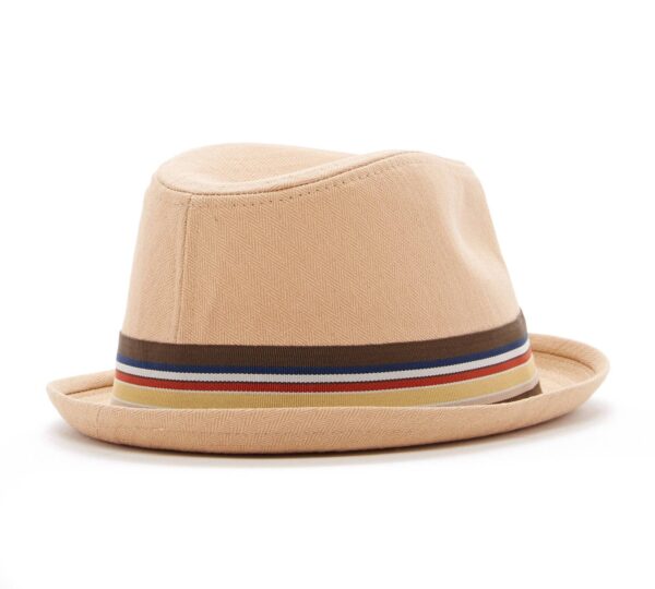 born to love knuckleheads tan fedora with stripe band Beige fedora with multicolor striped band