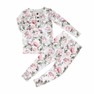 Floral print children's pajama set, pink roses design.