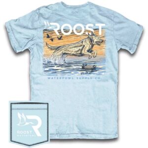 T-shirt with dog and birds graphic.