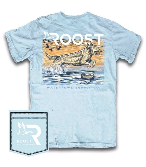 T-shirt with dog and birds graphic.