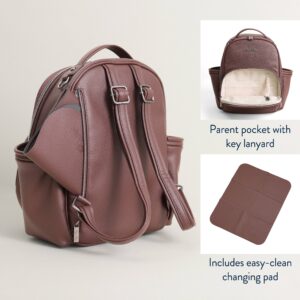 Brown diaper bag with key lanyard and changing pad