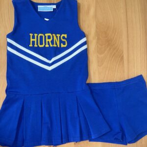 Blue cheerleader outfit with 'Horns' lettering.