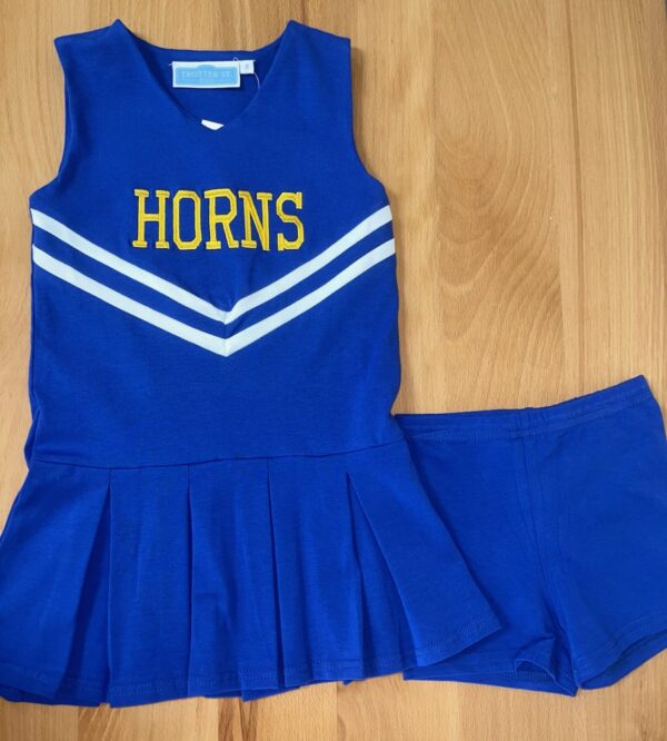 Blue cheerleader outfit with 'Horns' lettering.