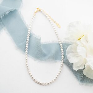 Elegant pearl necklace with blue ribbon and flowers.