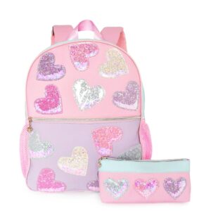 OMG Accessories - Confetti Heart Patched Color Block Large Backpack with Pencil Case