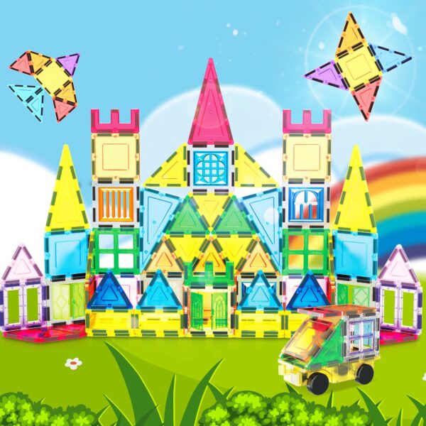 picassotiles 101 piece magnet tile building blocks construction toys set Colorful magnetic tile castle with rainbow background.