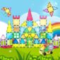 Colorful magnetic tile castle with rainbow background.
