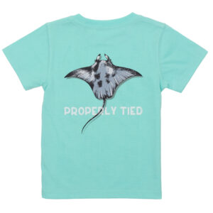 Aqua shirt with stingray illustration and text.