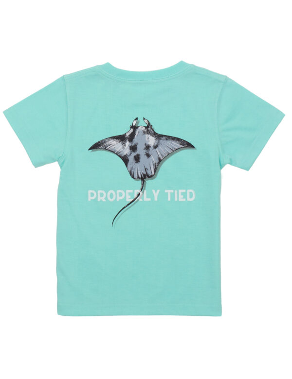 Aqua shirt with stingray illustration and text.