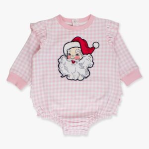 Pink baby romper with Santa Claus design.