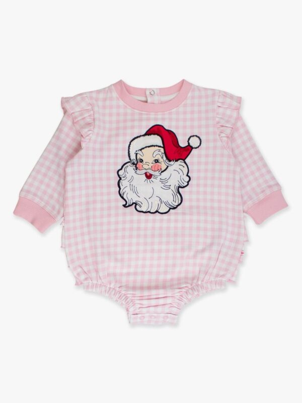 Pink baby romper with Santa Claus design.