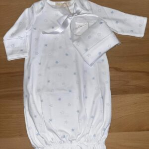 White baby gown with blue star pattern and hat.