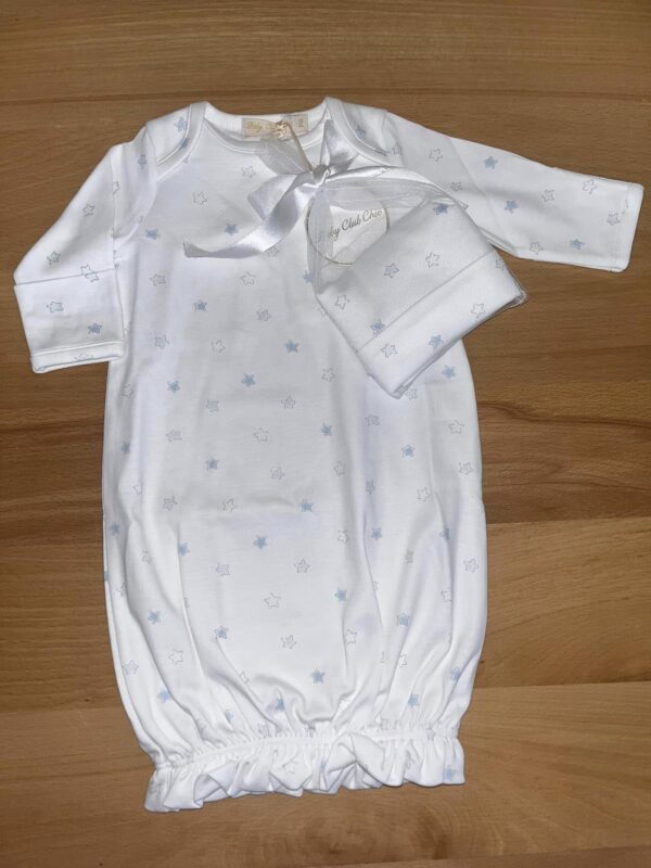 White baby gown with blue star pattern and hat.
