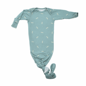 Green baby sleeper with knot bottom and leaf pattern