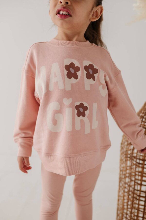babysprouts clothing company boxy sweatshirt bamboo Girl in pink 'Happy Girl' outfit