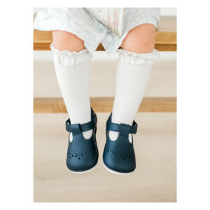 Child's feet wearing blue shoes and white socks