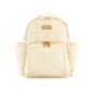 Cream quilted diaper backpack with front pockets.