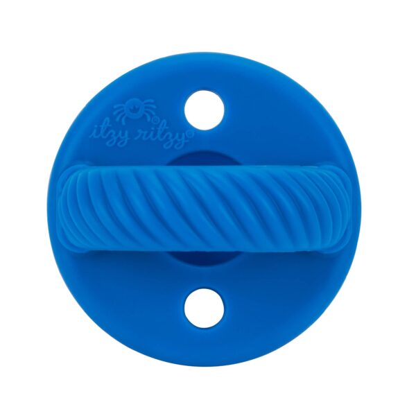 itzy ritzy sweetie soother™ pacifier sets (2 pack): aquamarine + peach bows Blue textured pacifier holder with design.