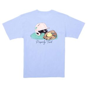 Blue t-shirt with baseball helmet and glove design.