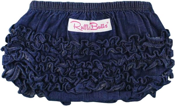 Navy blue ruffled baby bloomers.