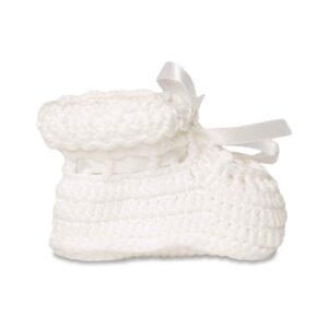 White crocheted baby bootie with ribbon bow