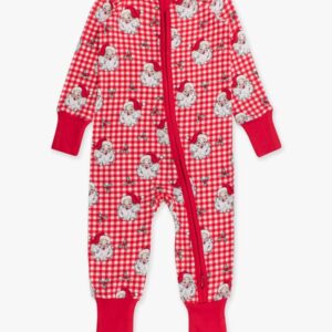 Red checkered baby onesie with Santa pattern.