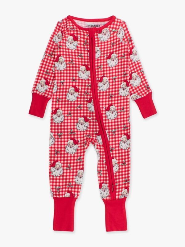 ruggedbutts gingham plaid santa pajamas bamboo one piece Red checkered baby onesie with Santa pattern.