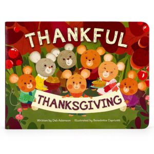 Illustrated mice celebrate Thanksgiving with banner.
