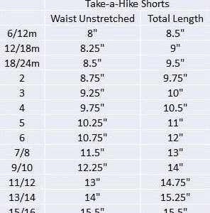 Take-a-Hike Shorts size chart with measurements