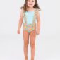 Child wearing floral one-piece swimsuit, smiling.