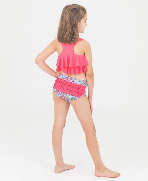 rufflebutts cheerful blossoms flounce bikini Child in pink swimsuit with floral bottom.