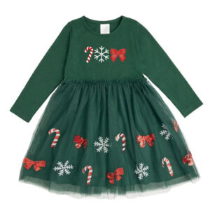 Green holiday dress with candy cane decorations.