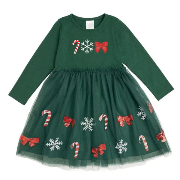 Green holiday dress with candy cane decorations.