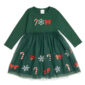 Green holiday dress with candy cane decorations.