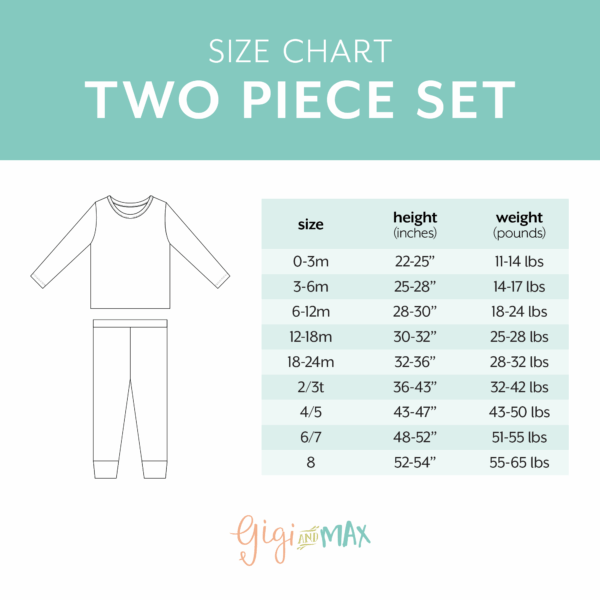 gigi and max hunter camo two piece no button bamboo outfit lounge Two-piece set size chart for infants and toddlers.