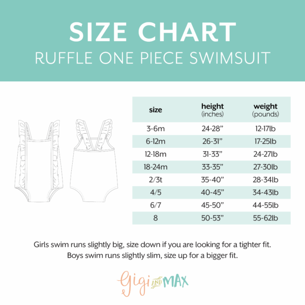 gigi and max brittany smiley face tank one piece swimsuit Ruffle swimsuit size chart for girls and boys.