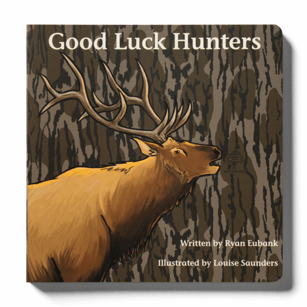 Book cover: elk with camouflage background.