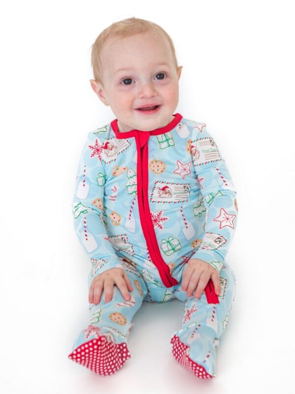 rufflebutts santa sweets pajamas Baby in festive pajamas with holiday designs.