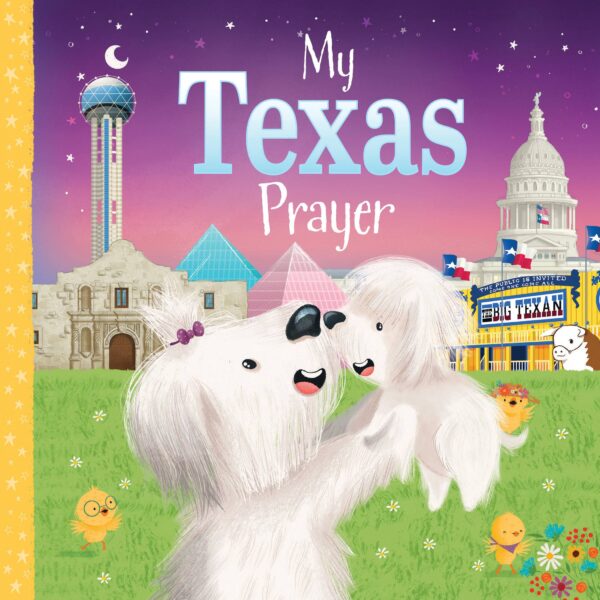Illustration of Texas landmarks with dogs and chicks.