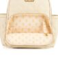 Open beige diaper bag with bee print interior.