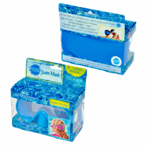 Splash swim mask in packaging, UV protection.