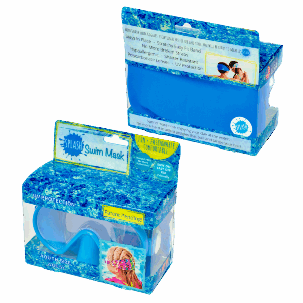 Splash swim mask in packaging, UV protection.