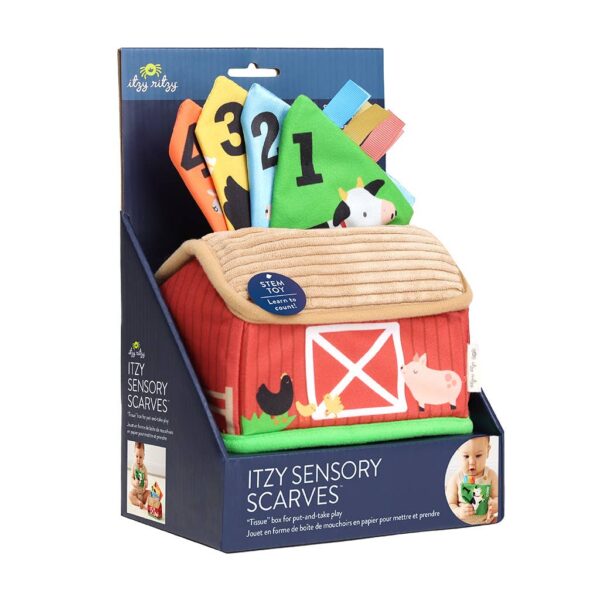 itzy ritzy *new* itzy sensory scarves™ Itzy Ritzy sensory scarves in box with barn design.