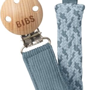 Blue pacifier clip with wooden holder