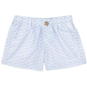 Light blue shorts with red geometric pattern.